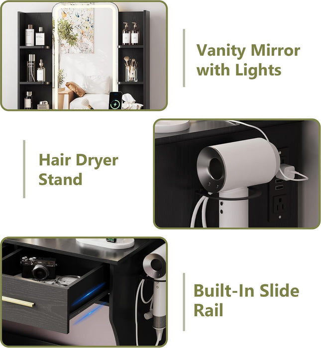 Small Black Vanity Desk with Mirror and Lights for Women Girls | Vanity Mirror with Lights, 3 Lighting Adjustable, LED Light Strips, Built-In Power Outlet, Compact Dressing Table for Girls