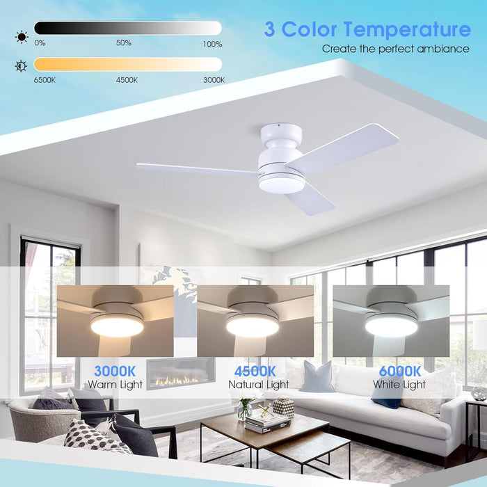 46 Inch Ceiling Fans with Lights and Remote/App Control, Low Profile Ceiling Fan with Light, Flush Mount, 3CCT, 3 Reversible Blades 6 Speeds Modern Ceiling Fan for Bedroom Living Room, White