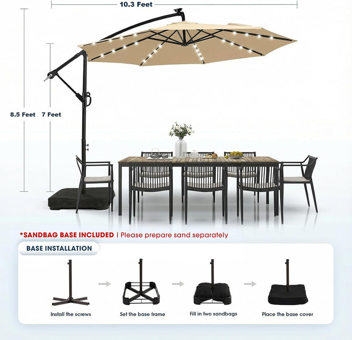 10Ft Solar LED Patio Umbrella with Base Included, Offset Umbrella with Weighted Sandbag Base, Cantilever Patio Umbrellas for Backyard, Garden & Deck, 32 LED Lights & Polyester Shade, Tan