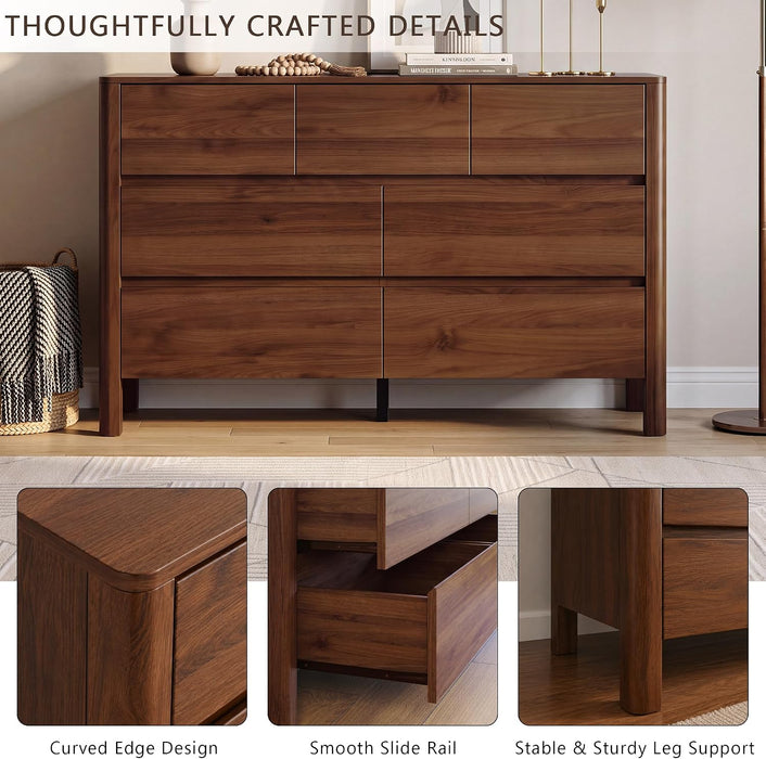 Walnut Dresser for Bedroom, 51" Mid-Century 7 Drawer Dresser with Wide Drawers and Wood Legs, Curved Edge Design, Modern Large Dressers & Chests of Drawers for Bedroom, Hallway.