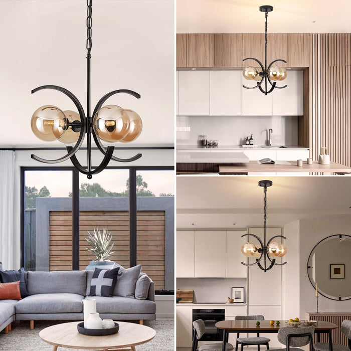 Modern Sputnik Chandelier,4-Light Black Chandelier with Amber Glass Globe Shades,Mid Century Industrial Chandeliers Dining Room Light Fixtures,Farmhouse Chandeliers for Dining Room Foyer Entryway
