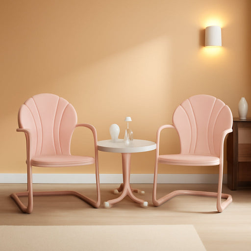 Mediterranean Mingle Retro Metal 3-Piece Seating Set (2 Chairs and Side Table), Pink, 20.5 X 20.5 X 37.88 In, Sturdy Powder Coated Steel Frame, Modern Outdoor Seating Set, Patio Dining Set