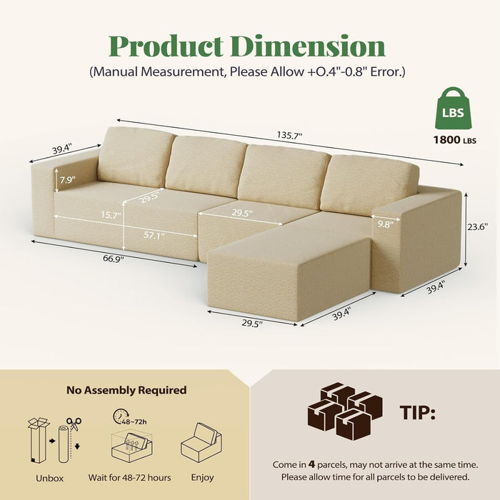 136Inch Modular LShaped Sectional Sofa BeigeBoucle