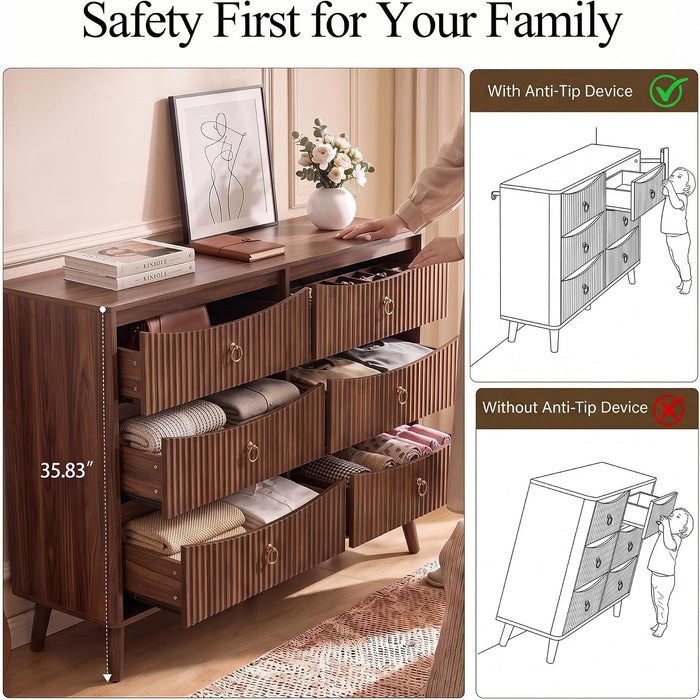55.1" Wide Walnut Dresser for Bedroom, Fluted 6 Drawer Dresser