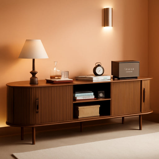 70.87”Tambour TV Stand for 50-80 Inch, Mid Century Entertainment Center with Large Storage Cabinet & Open Shelves, TV Console with Sliding Doors for Living Room, Bedroom(Walnut, 70.87Inch)