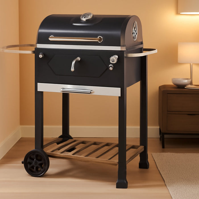 CD1824M 24-Inch Charcoal Grill, BBQ Smoker with Handle and Folding Table, Perfect for Outdoor Patio, Garden and Backyard Grilling, Black, Medium