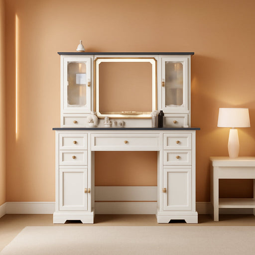 White Farmhouse Vanity Desk With Illuminated Mirror