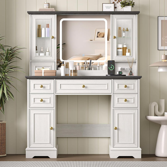 White Farmhouse Vanity Desk With Illuminated Mirror