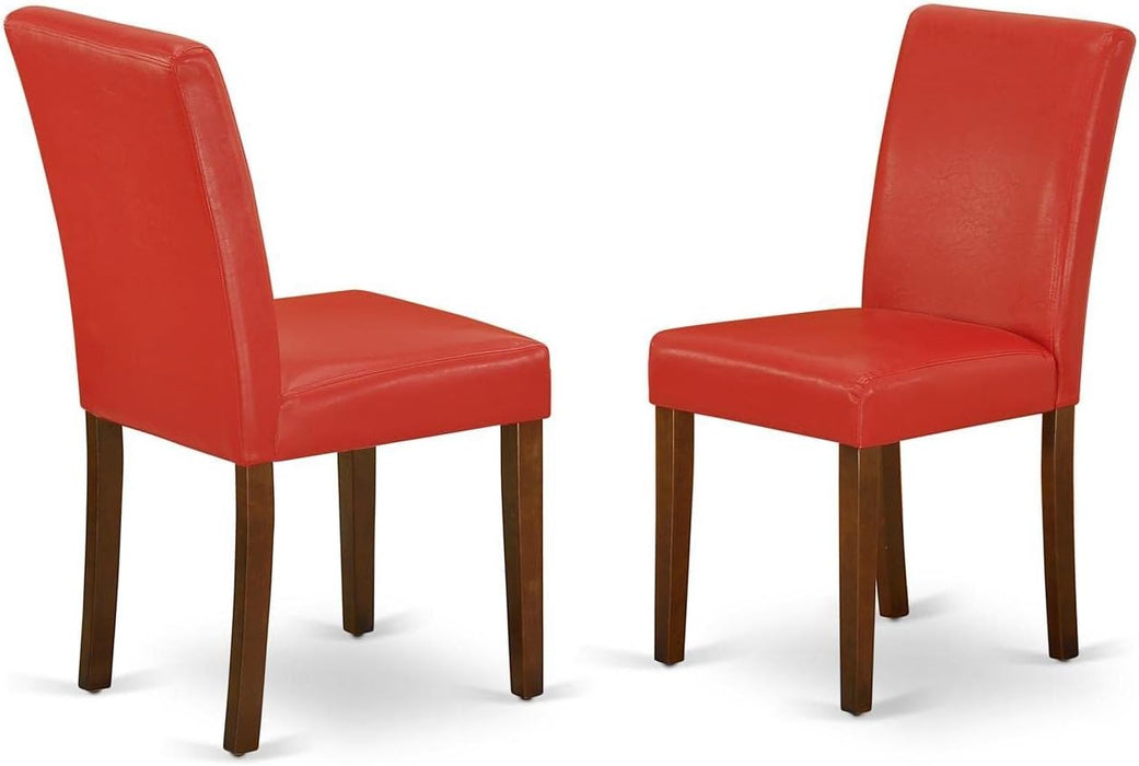 Abbott Parsons Dining Chairs - Firebrick Red Faux Leather Padded Chairs, Set of 2, Mahogany