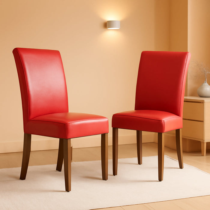 Abbott Parsons Dining Chairs - Firebrick Red Faux Leather Padded Chairs, Set of 2, Mahogany