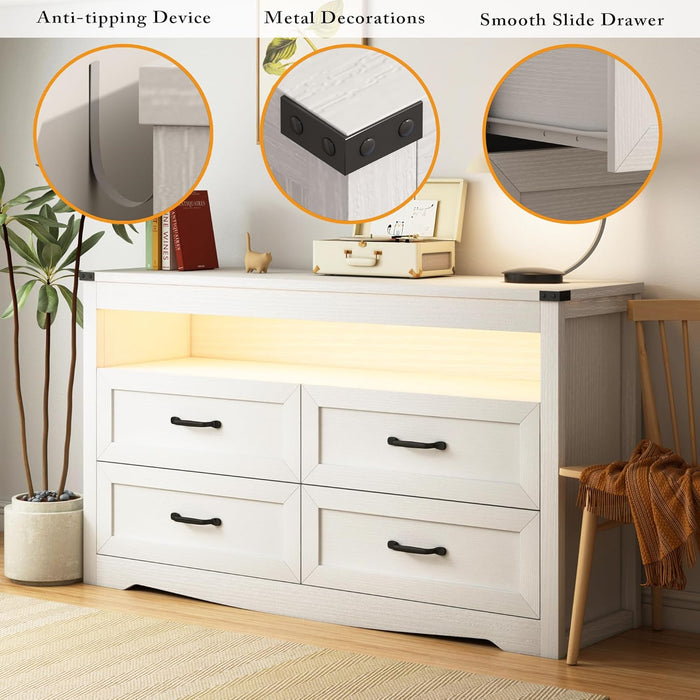 White Dresser for Bedroom, Wood 4 Drawer Dresser with LED Light, Dressers & Chests of Drawers with Metal Handles, Storage and Organization for Bedroom, Hallway, Entryway