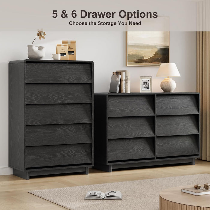 Black 6 Drawer Dresser for Bedroom, 47.2" Modern Wood Dresser with Handle-Free and Curved-Edge Design, Chests of Drawers with Large Capacity
