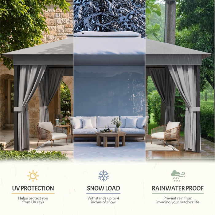 Outdoor 10'X 13' Gazebo,Large Soft Top Deck Gazebo with Mosquito Netting, Heavy Duty Metal Frame Canopy with Expansion Bolts and Double Roofs，Party Tent & Shelte for Backyard, Garden (Grey)
