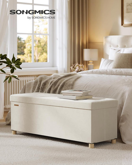 Storage Ottoman Bench, Folding Storage Chest, 15 X 43.3 X 15.7 Inches, Foot Rest Stool, 30 Gal. (112 L), Velvet Surface, for Bedroom, Entryway, Living Room, Cappuccino Beige ULSF0518W02