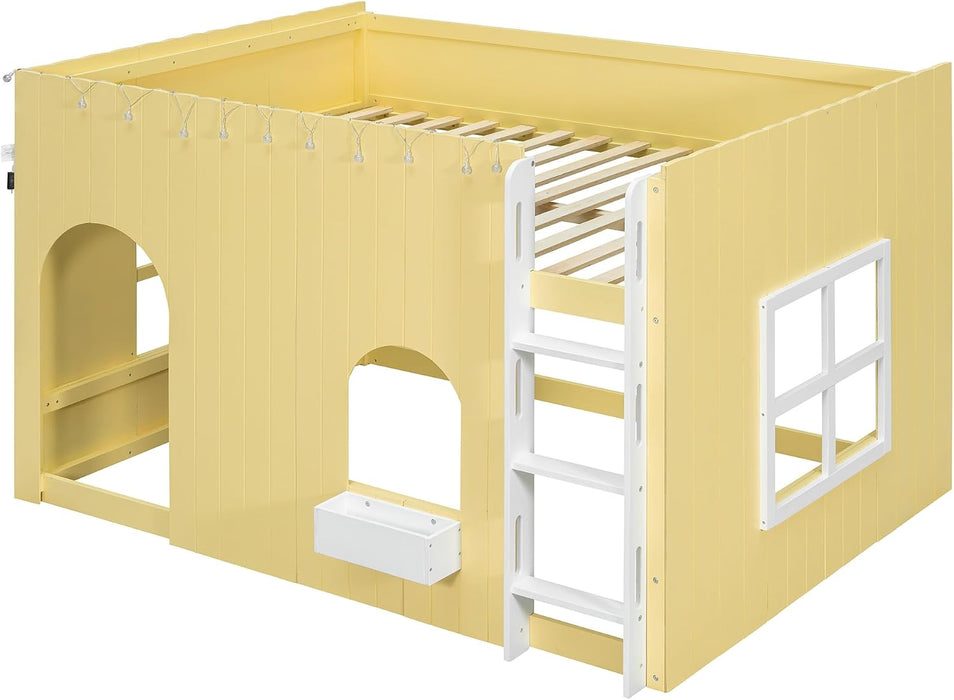 FullSize Wooden Loft Bed WithLEDLightingPlayAreaYellow