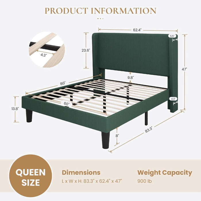 Queen Size Corduroy Upholstered Platform Bed Frame with Vertical Channel Tufted Wingback Headboard, 8" under Bed Storage, Wooden Slats & Metal Frame Support, Easy Assembly, Dark Green