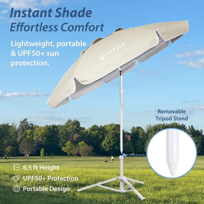 Shade Umbrella, Premium Portable Umbrella with Stand, 6.5Ft Lightweight Free Standing Canopy for Sporting Games, Adjustable Instant Sun Protection and Easy to Carry, Beige