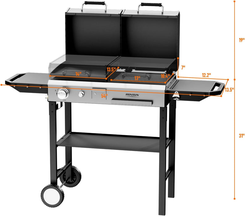 2-In-1 Propane Gas Grill and Charcoal Grill Combo with Lid, 12000BTU Flat Top Griddle & Charcoal BBQ Grill with Electronic Ignition, Enamel Griddle & Grate for Outdoor Backyard Cooking Barbecue
