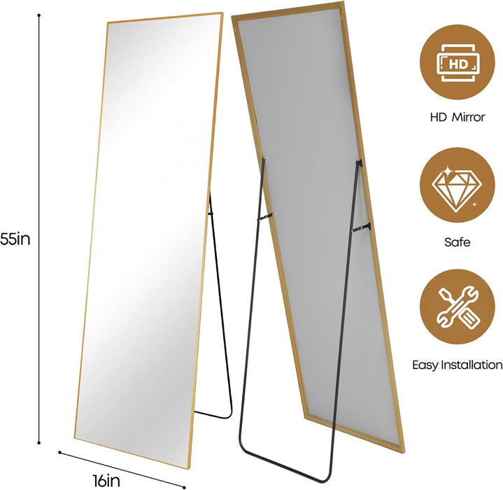 Full Length Mirror with Stand, Full Body Standing Mirror-55"X16", Gold
