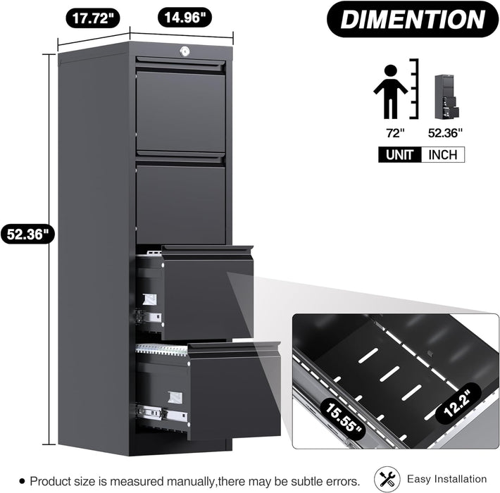 Black Metal Filing Cabinet with Lock & Drawers