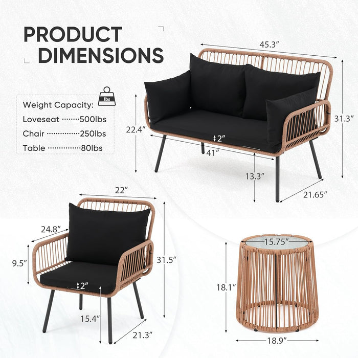 4 Pieces Patio Furniture Set, Outdoor Wicker Patio Conversation Set, Patio Sectional Table and Chairs Set of 4 with Cushion and Pillow, Coffee Side Table (Black)