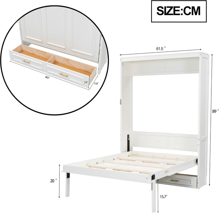 Full Size Murphy Bed with Drawers, Solid Wood Murphy Bed Cabinet, Storage Bed Cabinet for Bedroom, Office, Space-Saving, No Box Spring Needed, Beige