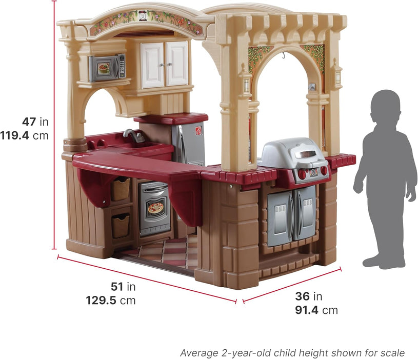 Grand Walk-In Kitchen & Grill Kids Playset, Indoor/Outdoor Kitchenette, Interactive Play with Lights and Sounds, Durable Plastic, 103 Piece Toy Accessories, Toddlers 2+ Years Old, Brown/Tan
