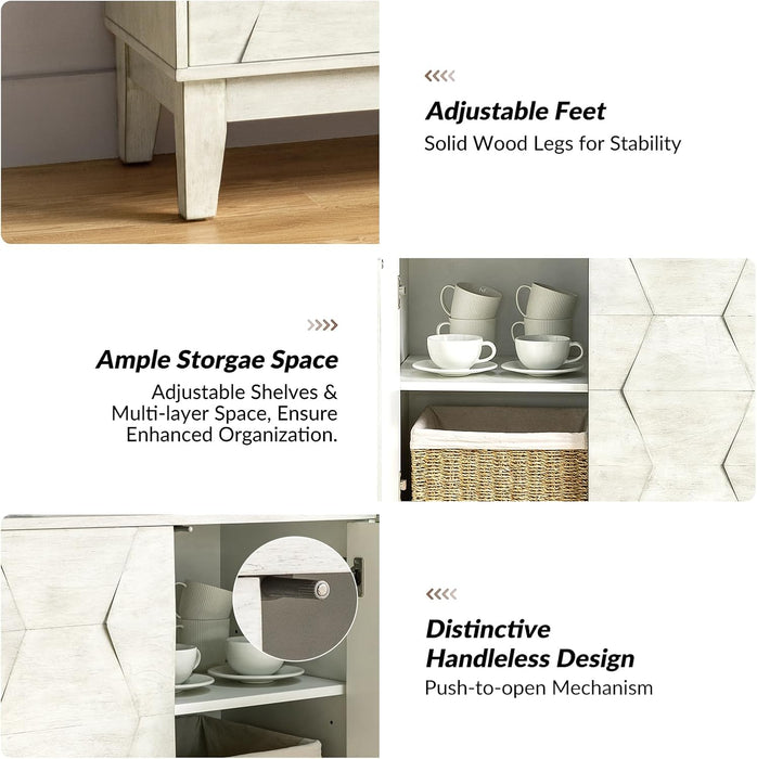 Mid Century Sideboard Buffet Cabinet with Solid Wood Legs, 60" Kitchen Storage Cabinet Credenza with 4 Doors and 2 Shelves, Accent Console Table, White