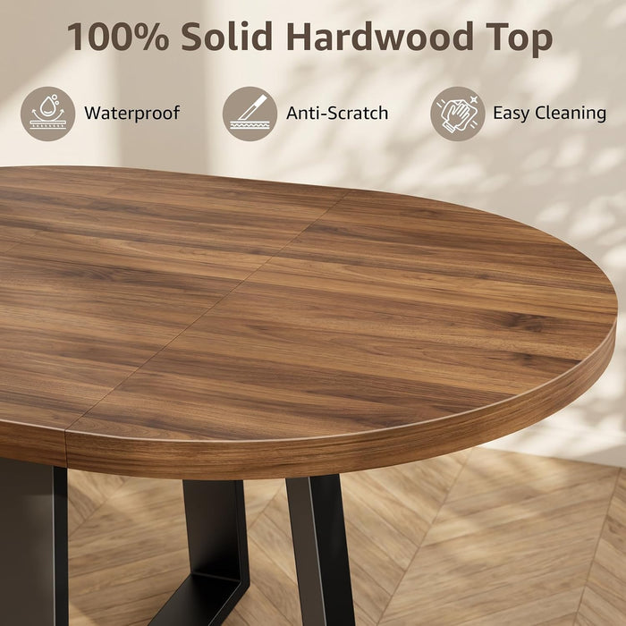 Extendable round Dining Table Wood Circle to Oval Kitchen Table for 4 to 6 People with Black Cross Metal Legs Modern Rustic Walnut Dinner Table Space Saving Furniture