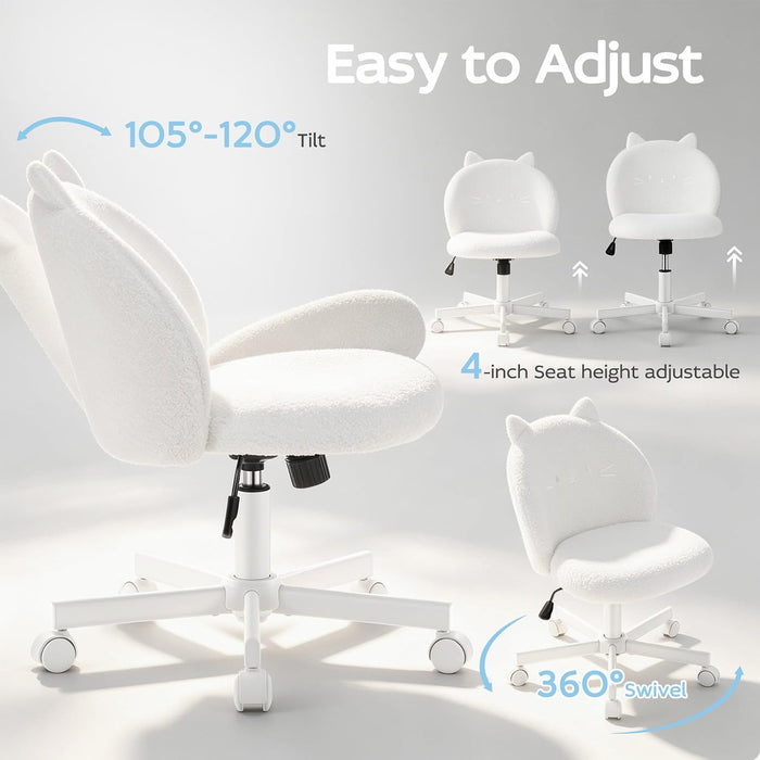 Vanity Chair with Cat Back,Armless Small Office Desk Chair,White