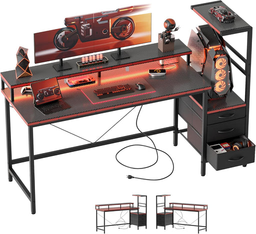 Gaming Desk with Power Outlets & LED Lights, Reversible Computer Desk with PC Case Stand, Fabric Drawers, Modern Office Desk with Shelves, Monitor Stand