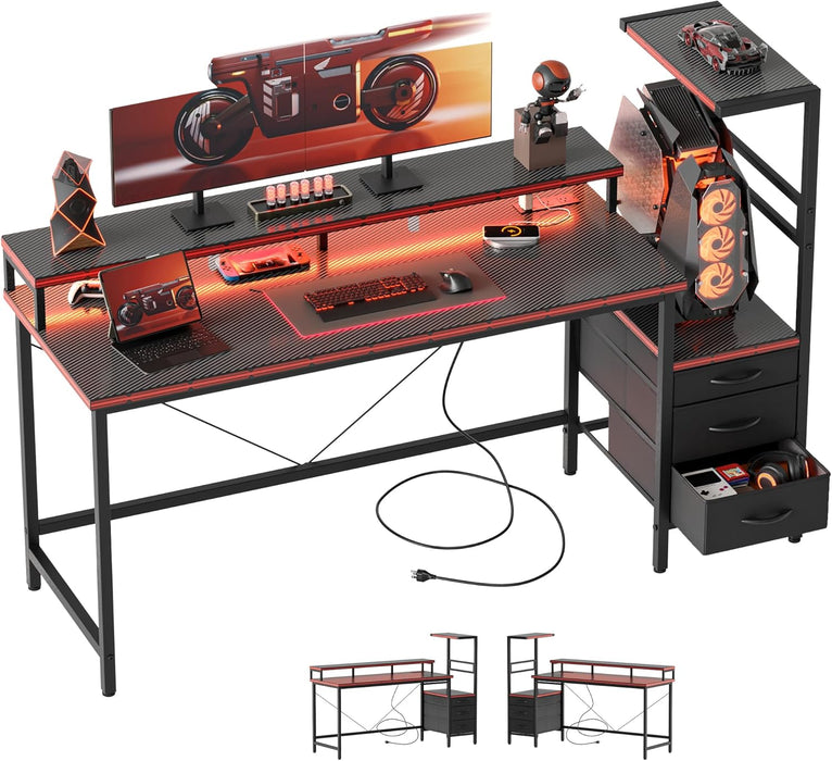 Gaming Desk with Power Outlets & LED Lights, Reversible Computer Desk with PC Case Stand, Fabric Drawers, Modern Office Desk with Shelves, Monitor Stand