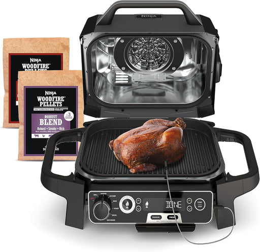 OG751 Woodfire Pro Outdoor Grill Built-In Thermometer,7-In-1 Master Grill,Bbq Smoker,& Outdoor Air Fryer plus Bake,Roast,Dehydrate & Broil,Woodfire Technology,Weather-Resistant,Grey XL