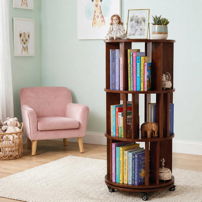 3-Tier 360° Rotating Rubber Wood Bookshelf with Wheels, Spinning Book Shelf | round Wooden Revolving Bookcase for Bedroom Small Space Home Office, Walnut