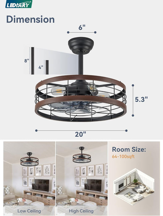 20 Inch Fandelier Caged Ceiling Fan with Light, Bladeless Ceiling Fan with Remote, Farmhouse Fan Lights Ceiling Fixtures for Kitchen, Bedroom, Outdoor(6 Speed, Timing) - Walnut