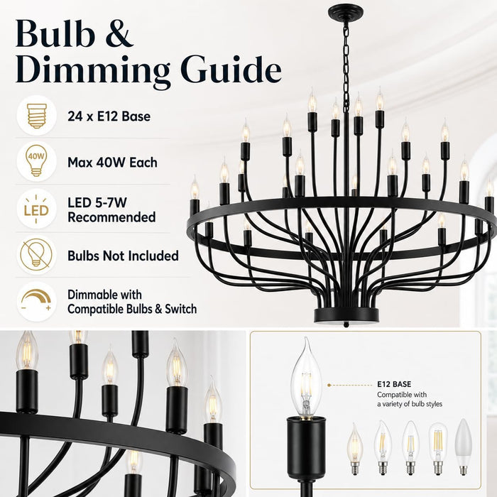 Large Black Chandelier 24-Light, round 39 in Wagon Wheel Light | 3-Tier Farmhouse Candle Pendant with E12 Base for Dining Room, Foyer, Living Room, Hallway, High Ceiling