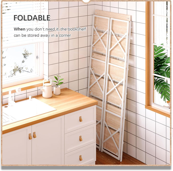 6 Tiers No Assembly Book Shelves, 61.8" H Folding Bookshelf Bookcase Open Industrial Foldable Shelves for Bedroom, Living Room, Home Office - Natural White