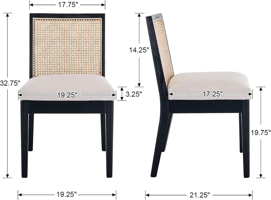 Rattan Dining Chairs Set of 6, Farmhouse Kitchen Chairs with Cane Back, Upholstered Dining Room Chairs Comfy Side Wood Chair for Living Room/Restaurant, Black Cream