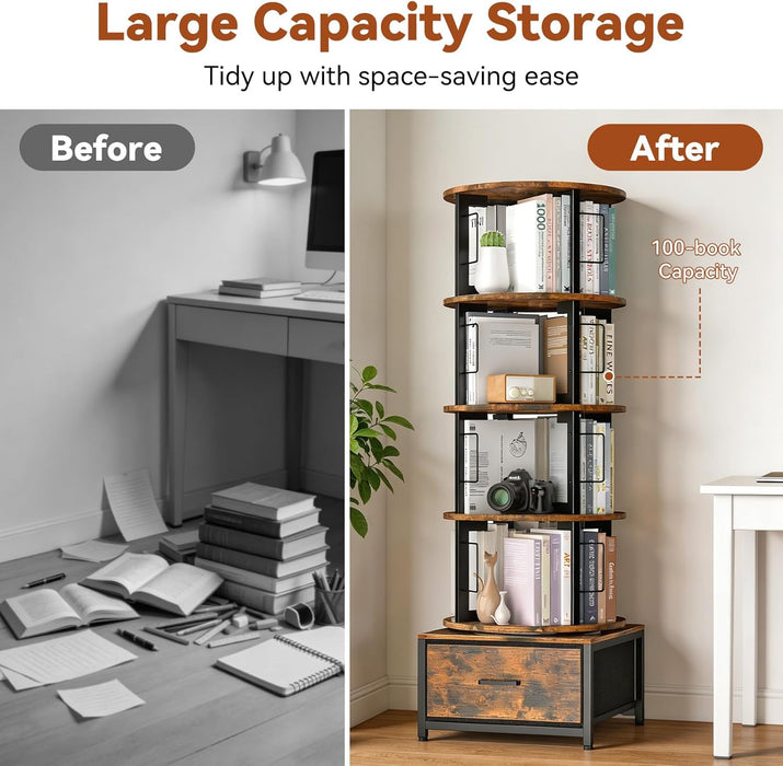 5 Tier Rotating Bookshelf Tower with Storage, Rustic Brown | 360° Spinning Bookcase with Fabric Drawer, round Revolving Book Shelf Organizer, Narrow Swivel Bookshelves for Small Space