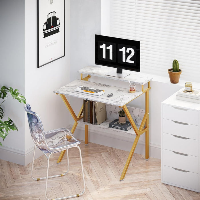 Small Desk, 27.5 Inch Small Computer Desk for Small Spaces, Compact Desk with Storage, Tiny Desk Study Desk with Monitor Stand for Home Office, White Marble + Gold Leg