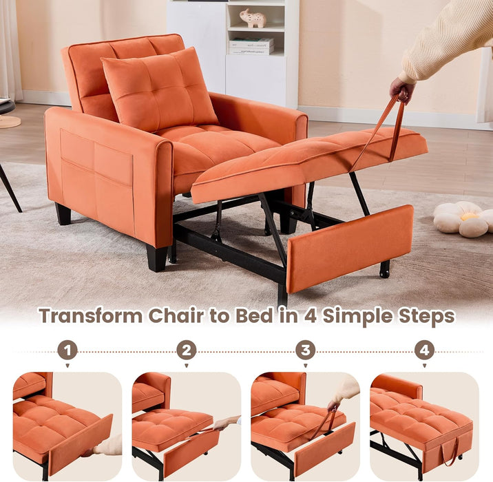 Three In One Velvet Orange Convertible SleeperChair