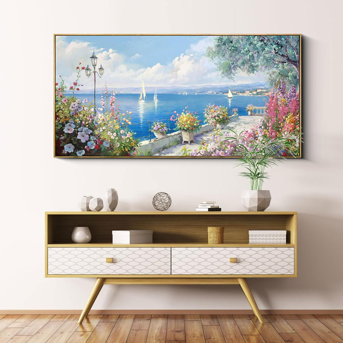 Large Coastal Wall Art - Ocean Seascape Canvas Yellow Green Flowers Painting Landscape Sailboat Picture Artwork Modern Large Framed for Living Room Bedroom Home Office Decor 58X29 Inches