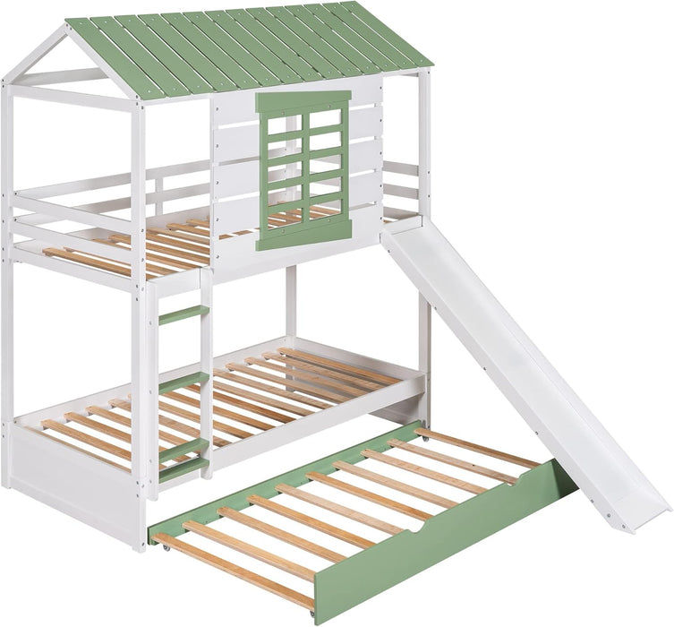House Bunk Bed with Convertible Slide and Trundle, Solid Wood Bunk Bed Twin over Twin, for Kids Girls Boys (White+Green)