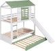 House Bunk Bed with Convertible Slide and Trundle, Solid Wood Bunk Bed Twin over Twin, for Kids Girls Boys (White+Green)