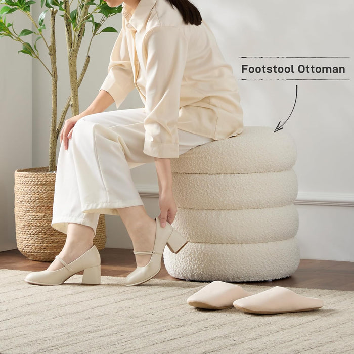 Round Ottoman with Storage Boucle Ottoman Stool with Storage Removable Lid for Living Room Modern Vanity Sorage Stool Foot Rest Bedroom Dorm Gift Set of 1 (White)