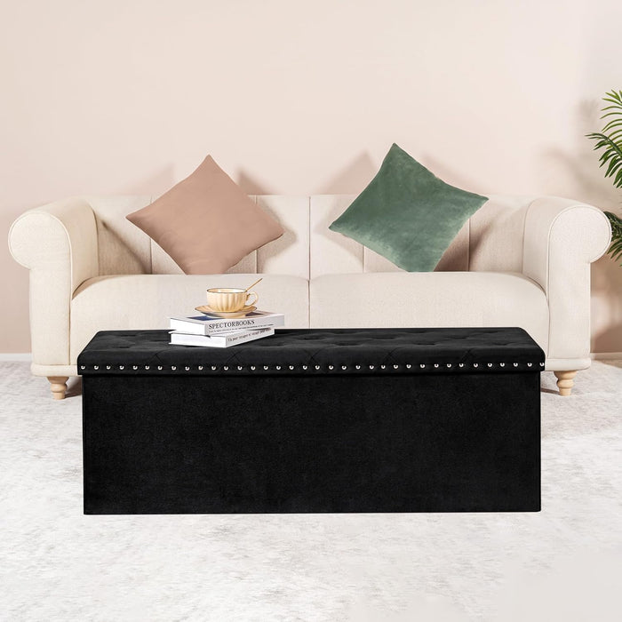 Black Storage Ottoman Bench for Bedroom, Folding Velvet Chest with Benches Foot Rest Stool, Large Long Shoes Chest for Bedroom, Living Room, 43.3"X15.7"X15.7"