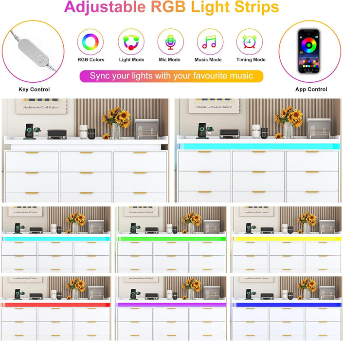 9 Drawer Dresser for Bedroom, White Dresser with LED Lights and Charging Station, Modern Chest of Drawer, Wood Triple Wide Drawer Organizer Cabinet for Bedroom, Living Room, Entryway, Hallway