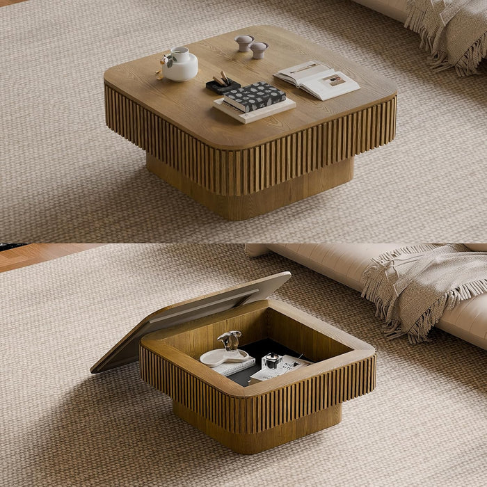 31.5 Inch Square Drum Coffee Table with Storage, Modern Handcraft Fluted Drum Coffee Table, Wooden Square Center Table Cocktail Tea Table with Sturdy Pedestal for Living Room Apartment (Brwon)