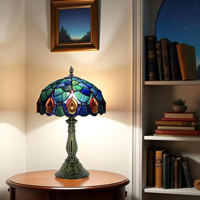 Tiffany Style Stained Glass Table Lamp 18.5 Inch - Blue Peacock Tail