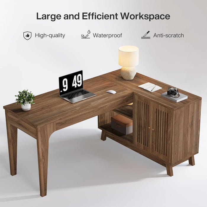 L Shaped Desk with Storage Cabinet & Shelves, 57" Large Corner Computer Desk for Home Office, Modern Wood Writing Desk with Smart One-Side Storage, Space-Saving Workstation for Study & Work